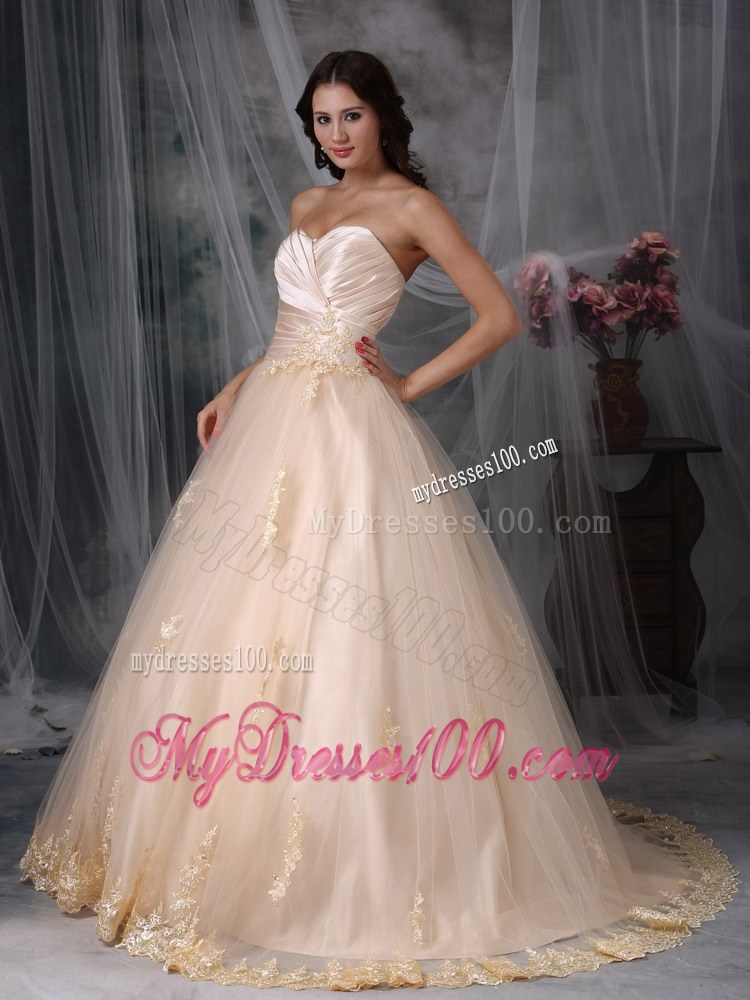 Beaded Champagne Brush Train Wedding Gown with Embroidered Hemline