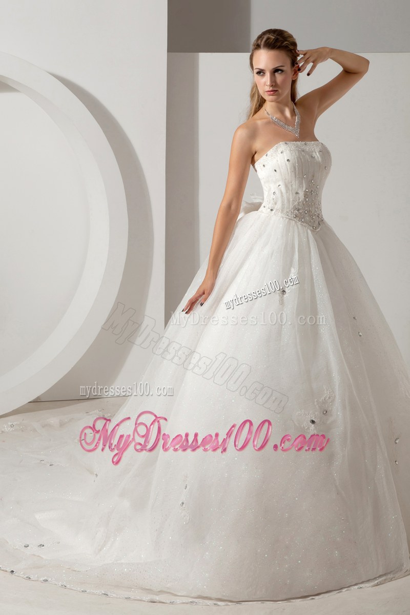 Beautiful Strapless Beaded White Wedding Bridal Gown Chapel Train