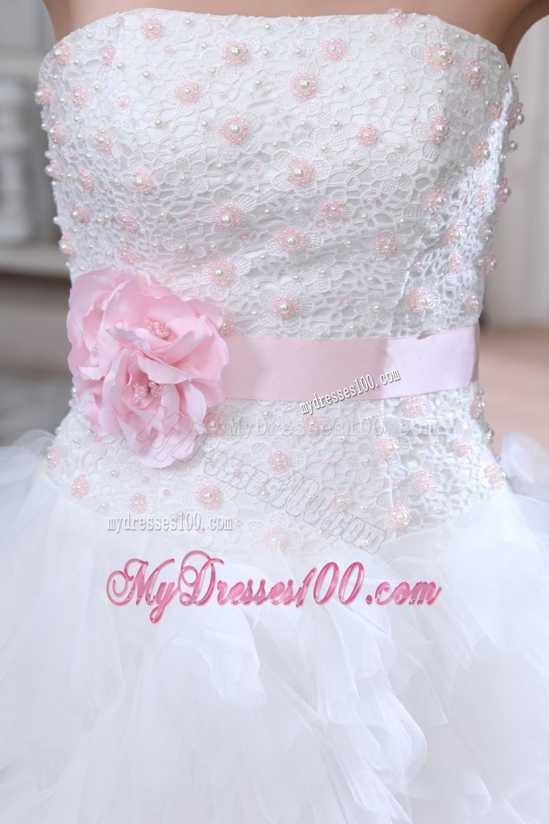 White Bridal Dress Beading Ruffle Layers with Pink Handmade Flower