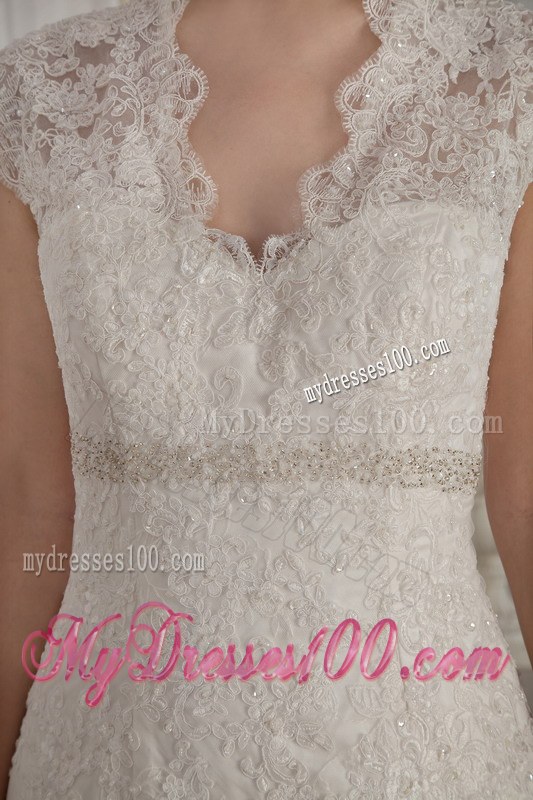 V-neck Sleeveless Lace Mermaid Bridal Dress in White Court Train