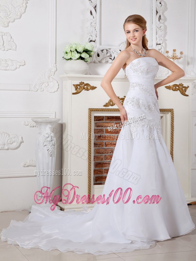 Mermaid Strapless Brush Train Appliques Decorate Bridal Gown for Wedding