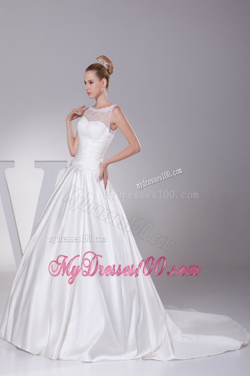 Ruching Wedding Bridal Gown with Transparent Neckline and Hollow Out Back