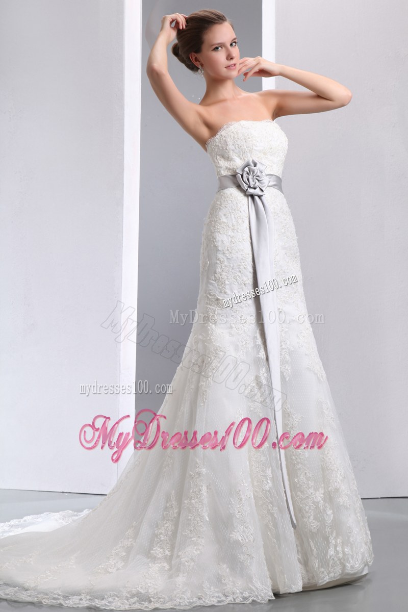 Petal Neckline Sweep Train Wedding Dresses with Handle Flowers Sash