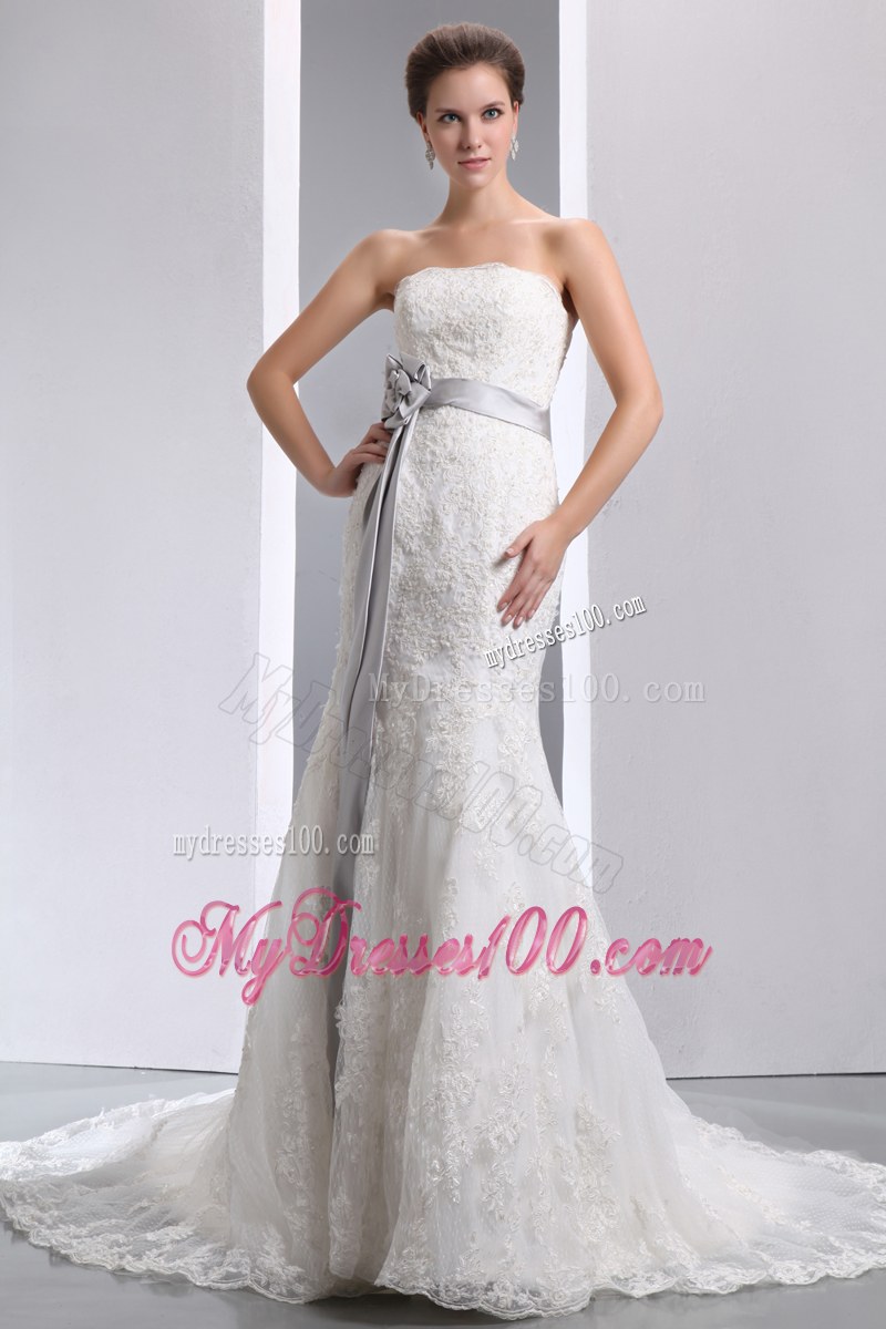 Petal Neckline Sweep Train Wedding Dresses with Handle Flowers Sash