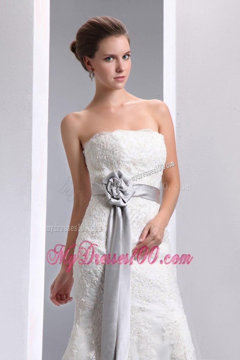 Petal Neckline Sweep Train Wedding Dresses with Handle Flowers Sash