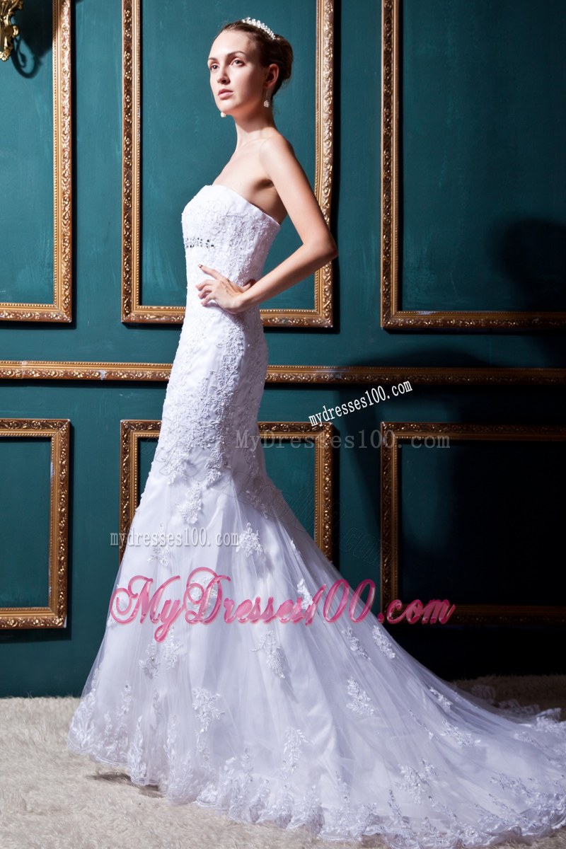 Hot Sale Strapless Beaded Embroidery Wedding Dress in White