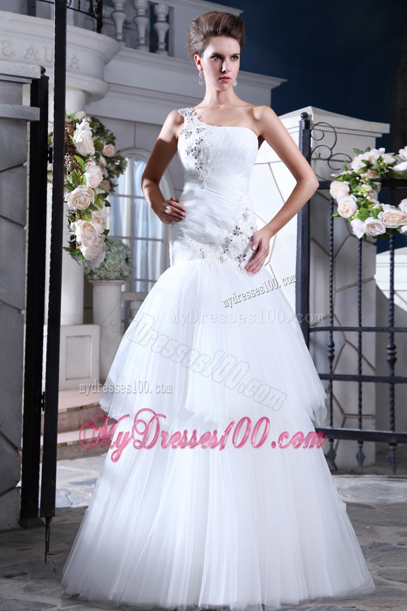 Pretty Ruffles Beaded One Shoulder Floor Length White Wedding Dress