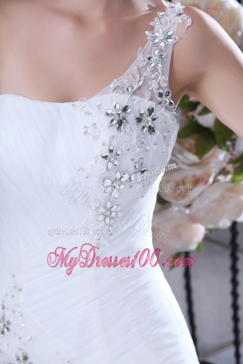 Pretty Ruffles Beaded One Shoulder Floor Length White Wedding Dress