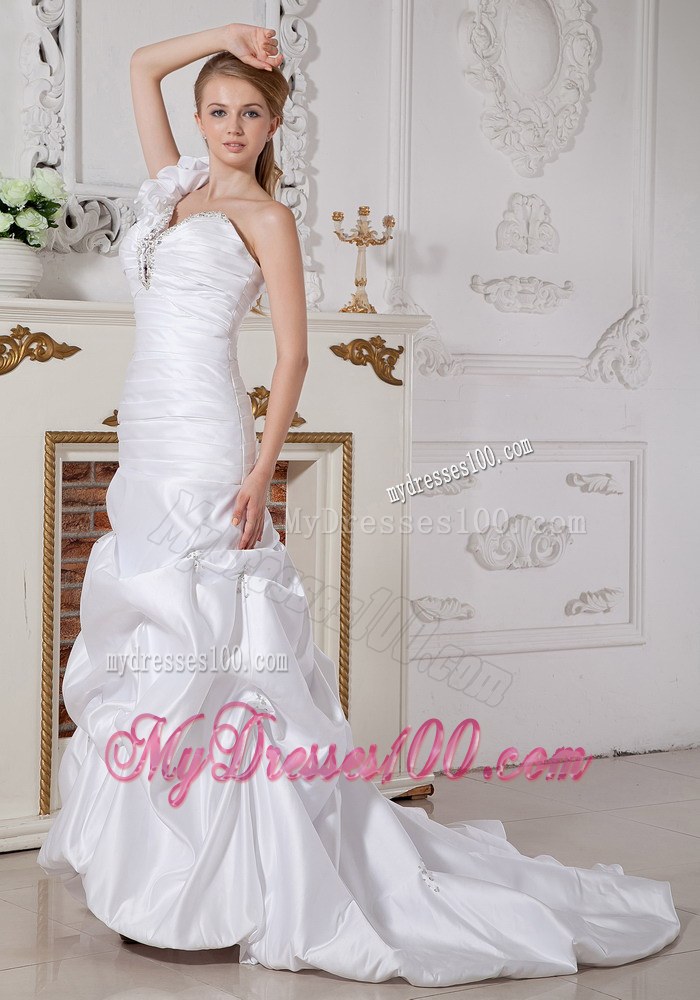 Mermaid One Shoulder Court Train Beaded Wedding Dress with Pick-ups