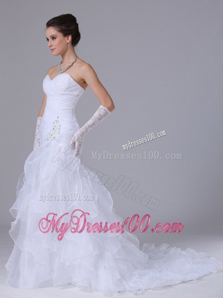 Ruffles and Beading Accent White Organza Mermaid Bridal Dresses