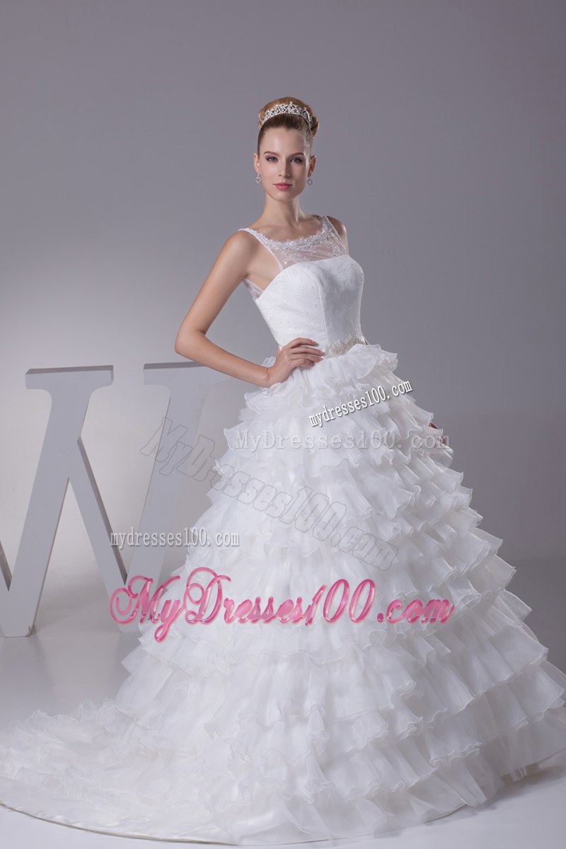 Ruffled Layers Wedding Bridal Gown with Sheer Neckline and Appliques Ribbon