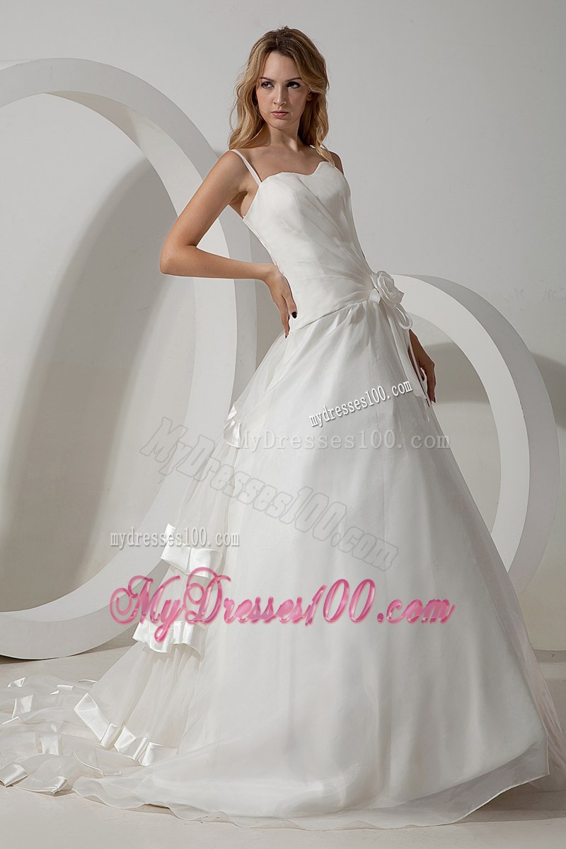 Handmade Flower Ruffle-layers Spaghetti Straps White Bridal Dress