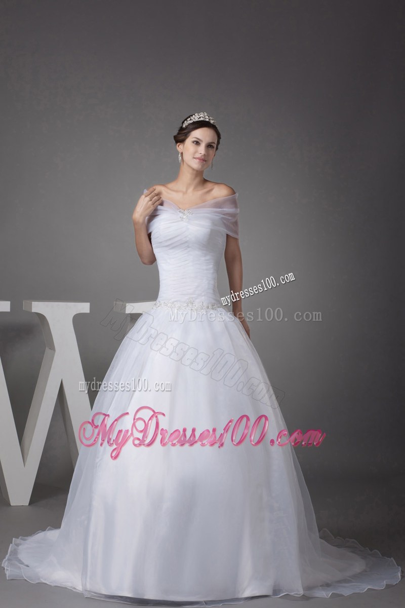 Slinky Puffy Beadings Wedding Gown with Brush Train and Sheer Wraps