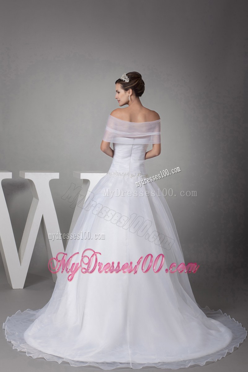 Slinky Puffy Beadings Wedding Gown with Brush Train and Sheer Wraps