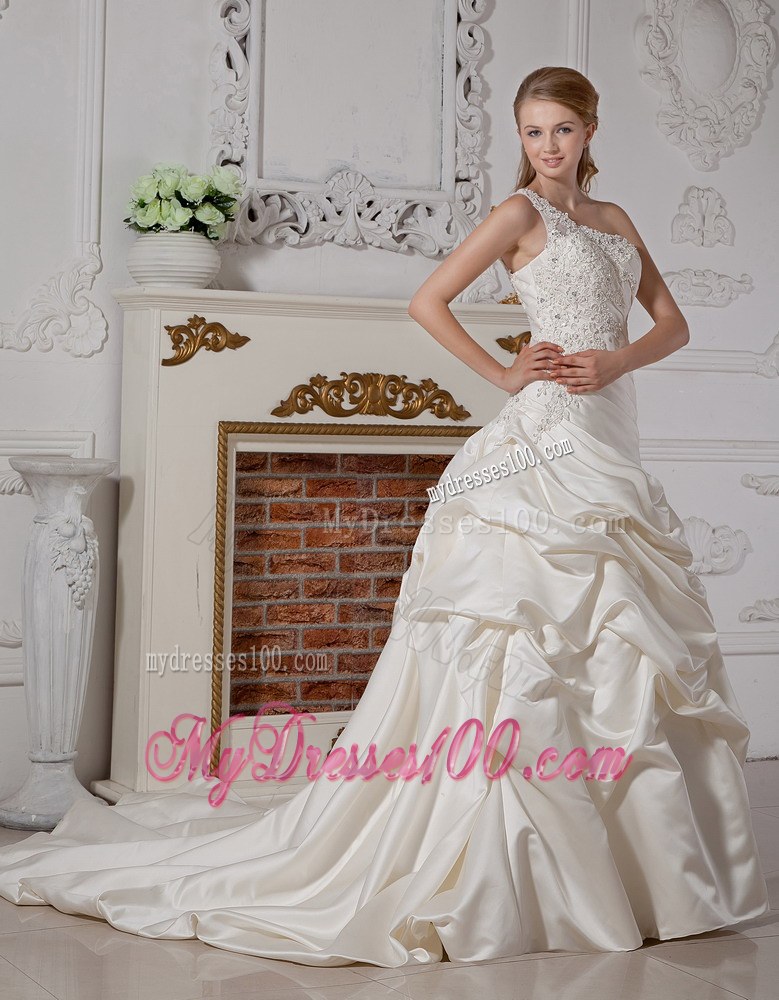 One Shoulder Court Train Taffeta Wedding Dress with Appliques and Pick-ups