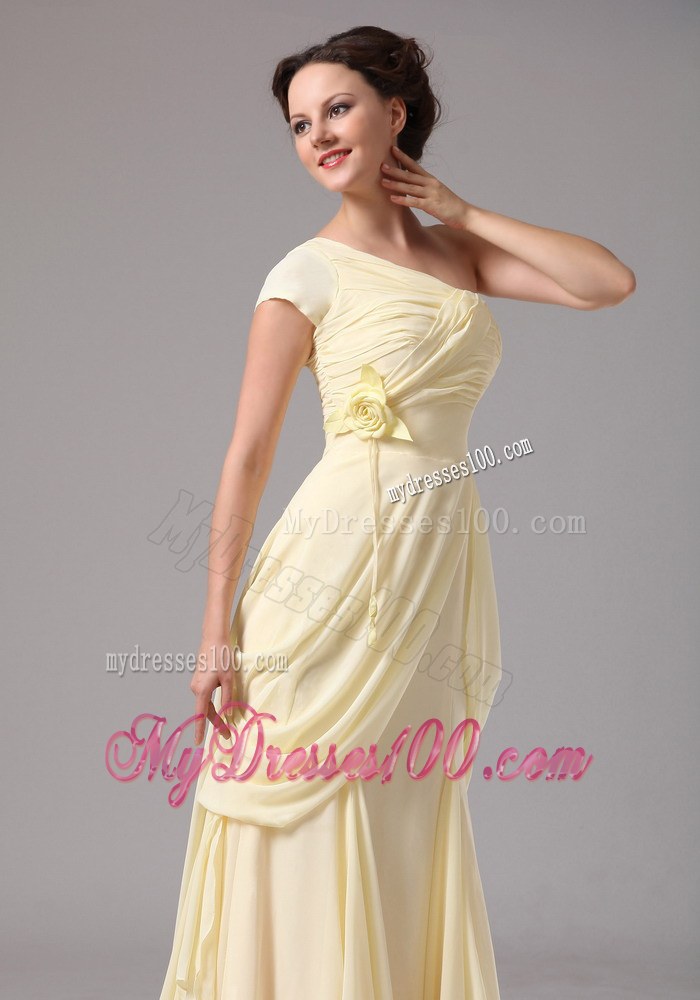 One Shoulder Hand Made Flower Brush Train Light Yellow Mother of Bride Dress