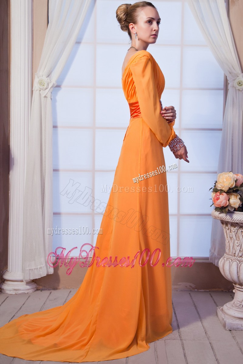 Orange Column Scoop Long Sleeves Beaded Floor-length Mother of the Bride Dress