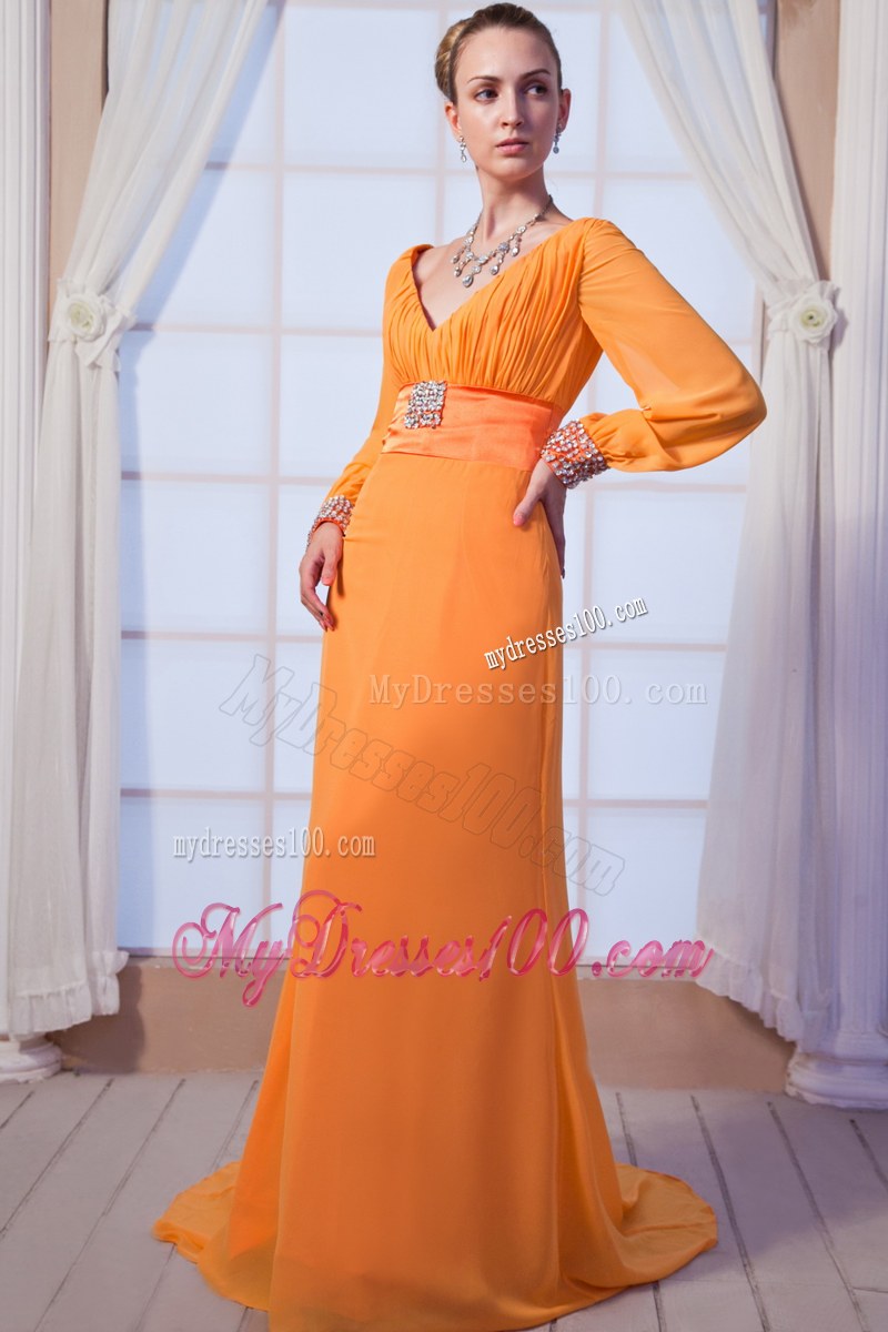 Orange Column Scoop Long Sleeves Beaded Floor-length Mother of the Bride Dress