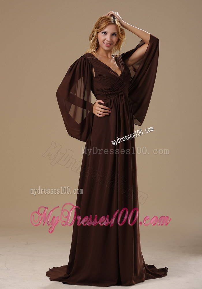 V-neck Brush Train Brown Long Sleeves Modest 2013 Mother of the Bride Dress