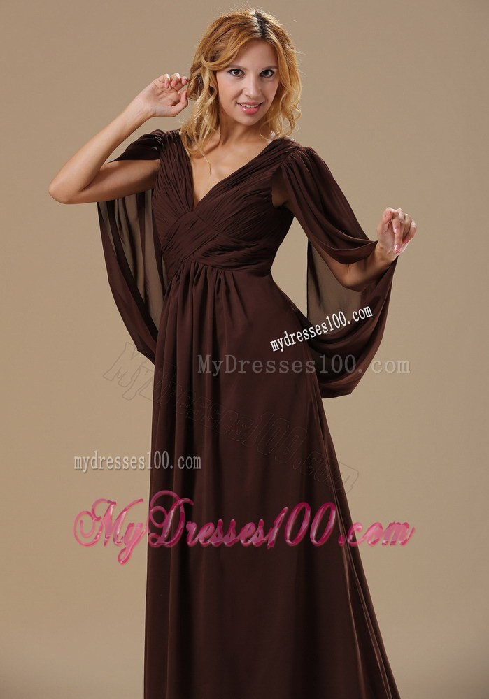 V-neck Brush Train Brown Long Sleeves Modest 2013 Mother of the Bride Dress