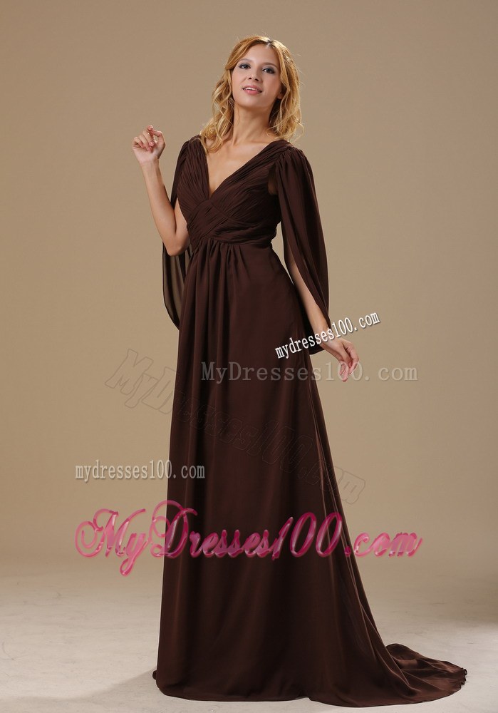 V-neck Brush Train Brown Long Sleeves Modest 2013 Mother of the Bride Dress