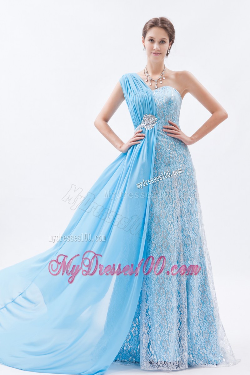 Baby Blue Empire One Shoulder Prom Dress Lace Beading Brush Train