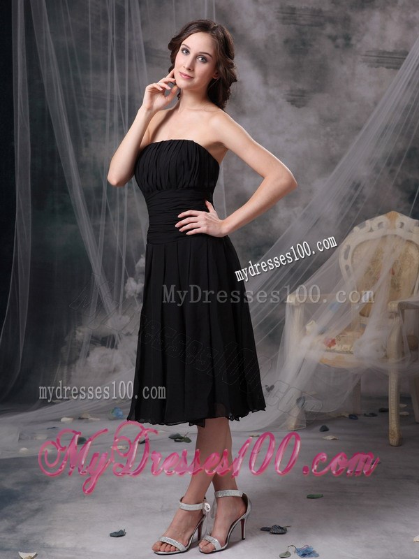 Customize Column Strapless Black Prom Dresses Ruched Tea-length