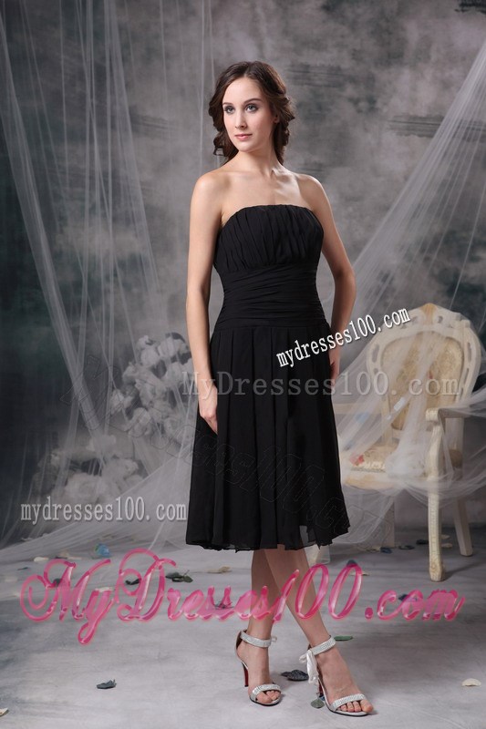 Customize Column Strapless Black Prom Dresses Ruched Tea-length