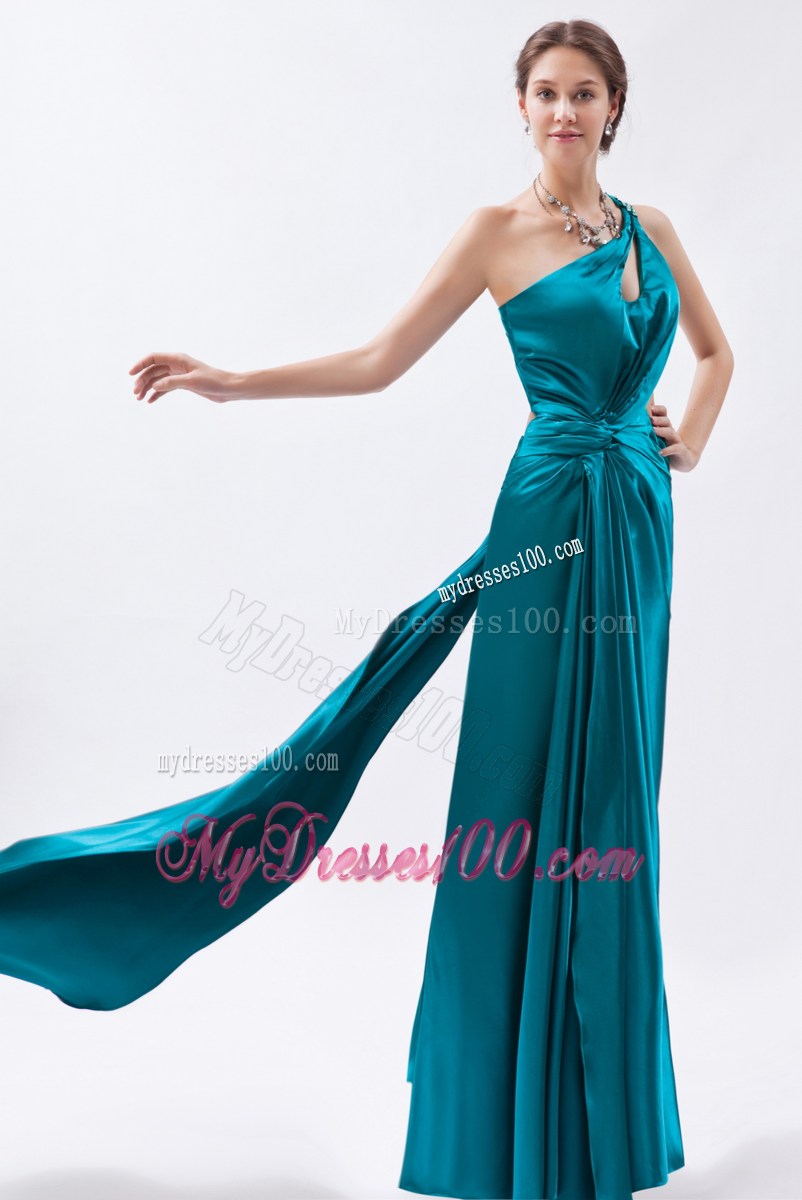 Teal Column One Shoulder Prom Dress Beading and Ruched Floor-length