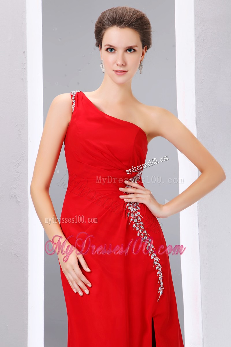 Cheap Red Prom Dresses Column One Shoulder Beading Floor-length