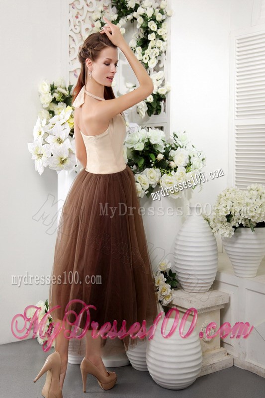 Brown Empire Halter Tea-length Tulle Lace Bridesmaid Dress