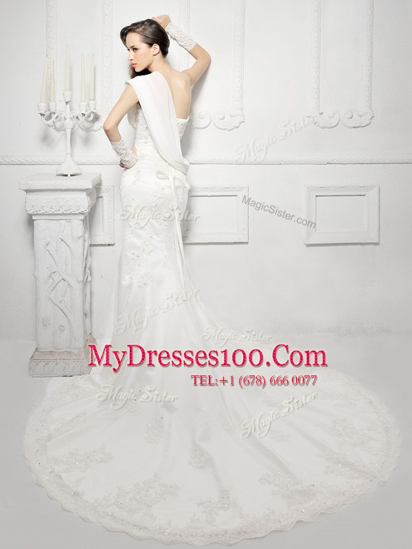 One Shoulder Cap Sleeves Court Train Zipper Wedding Gown White Tulle