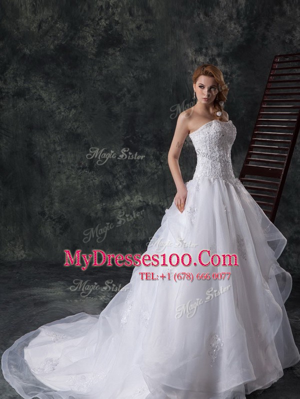 Unique Beading and Lace and Appliques Wedding Gown White Lace Up Sleeveless Court Train