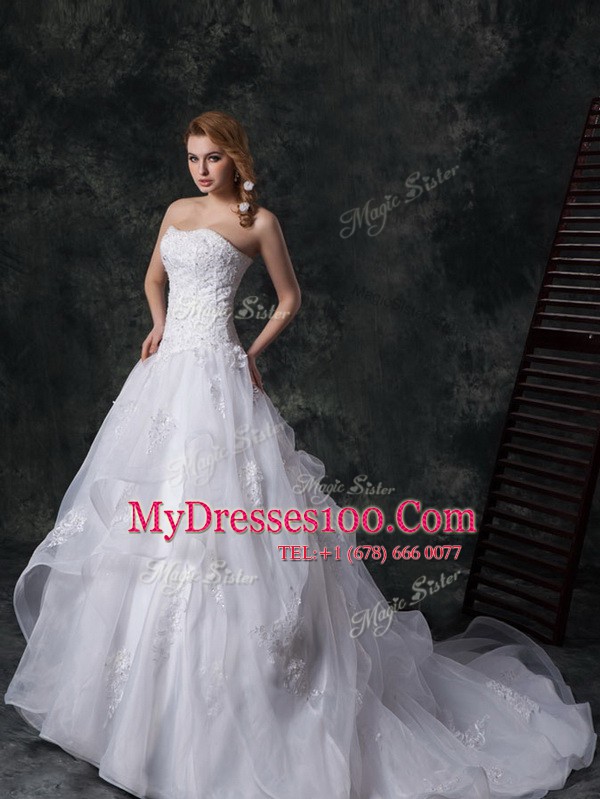 Unique Beading and Lace and Appliques Wedding Gown White Lace Up Sleeveless Court Train