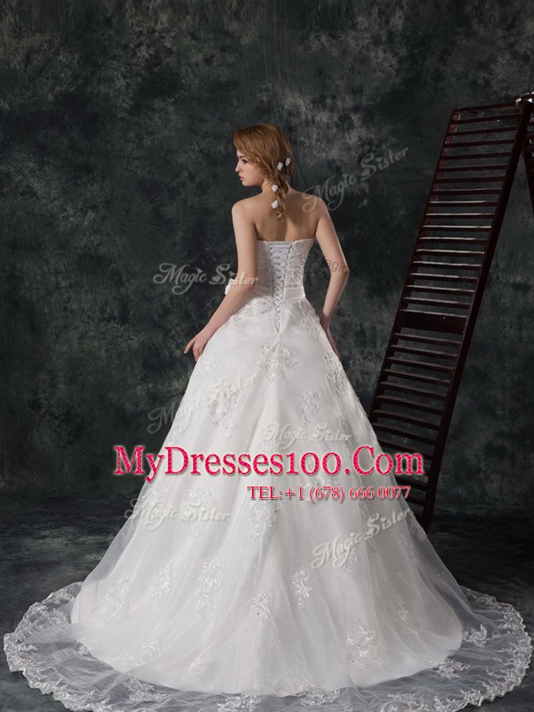 Sophisticated White A-line Lace Sweetheart Sleeveless Beading and Appliques and Hand Made Flower Lace Up Wedding Dress Court Train