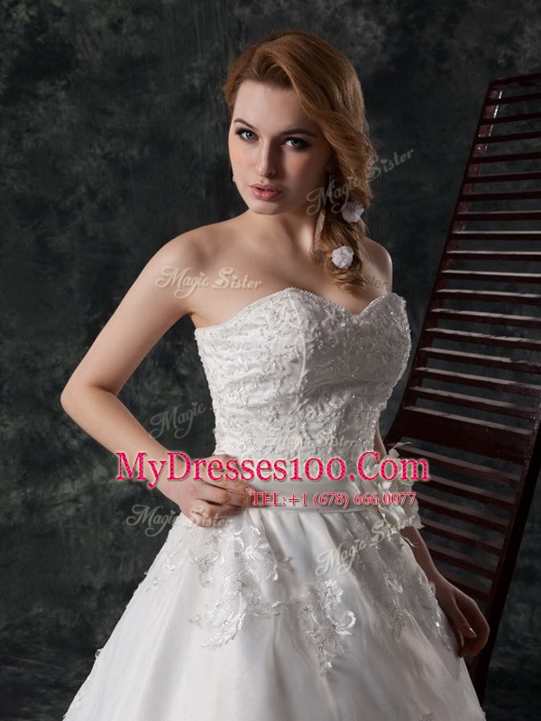 Sophisticated White A-line Lace Sweetheart Sleeveless Beading and Appliques and Hand Made Flower Lace Up Wedding Dress Court Train