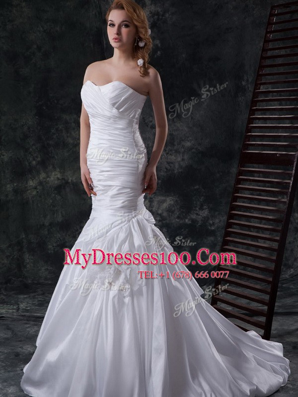 Mermaid White Sleeveless With Train Ruching and Pick Ups and Hand Made Flower Lace Up Wedding Gown