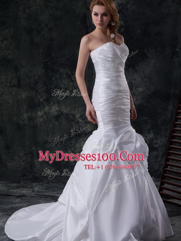 Mermaid White Sleeveless With Train Ruching and Pick Ups and Hand Made Flower Lace Up Wedding Gown