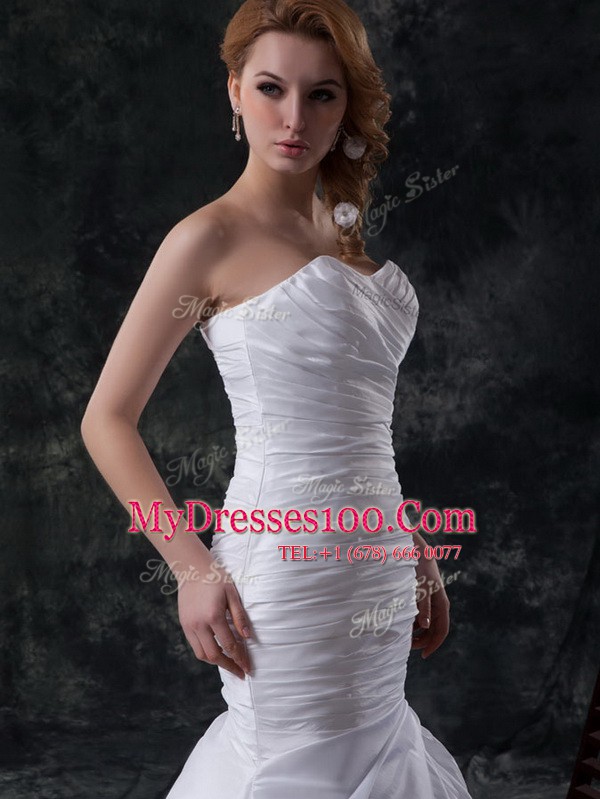 Mermaid White Sleeveless With Train Ruching and Pick Ups and Hand Made Flower Lace Up Wedding Gown