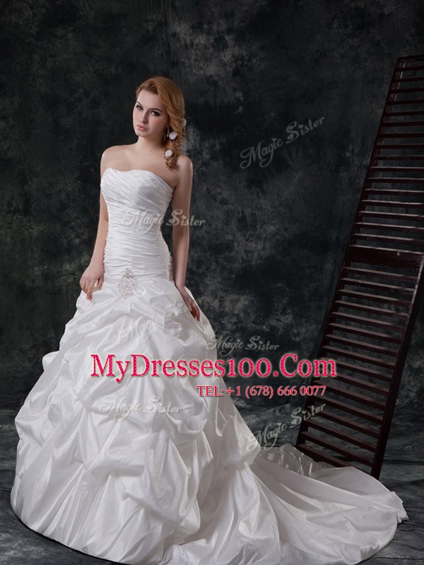 Simple White Lace Up Wedding Gown Ruching and Pick Ups Sleeveless With Brush Train