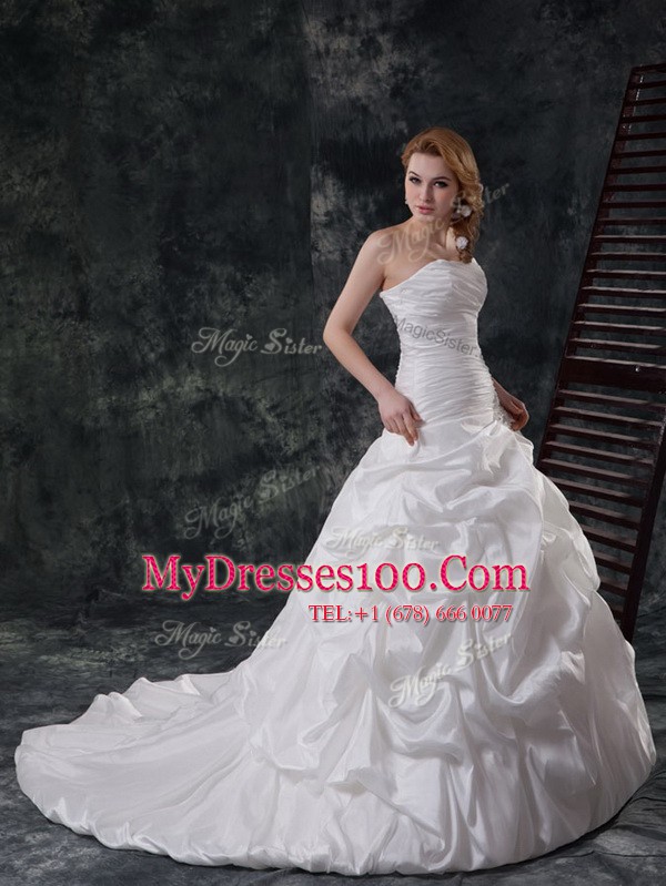 Simple White Lace Up Wedding Gown Ruching and Pick Ups Sleeveless With Brush Train