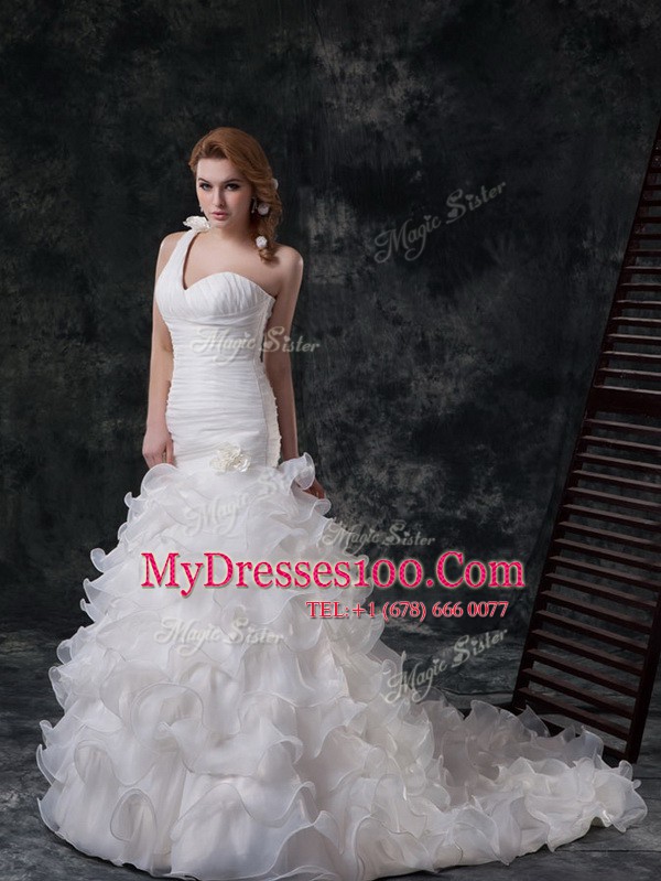 Beautiful Ruffled Brush Train Mermaid Wedding Gown White One Shoulder Organza Sleeveless With Train Lace Up