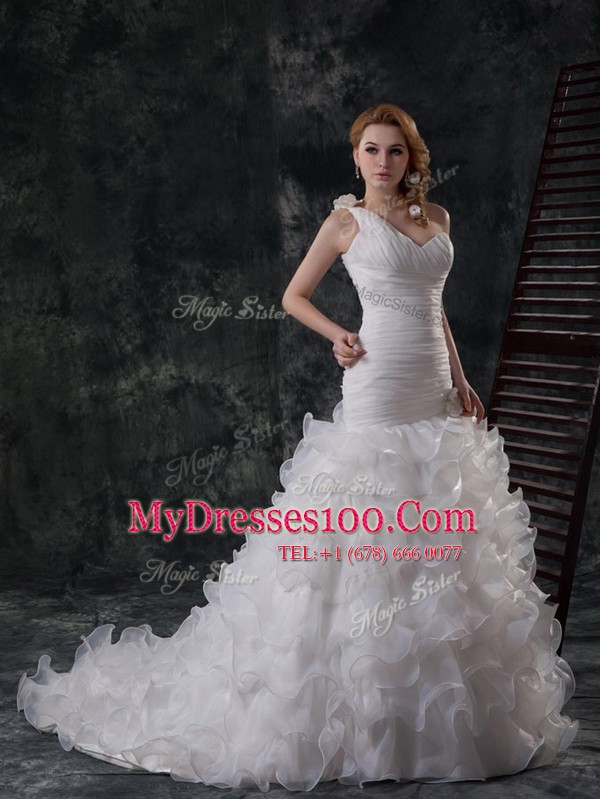 Beautiful Ruffled Brush Train Mermaid Wedding Gown White One Shoulder Organza Sleeveless With Train Lace Up