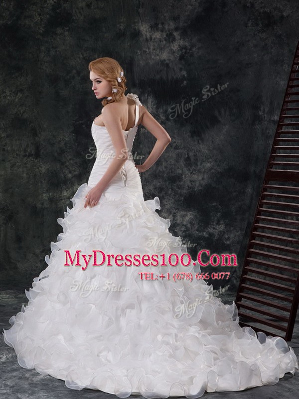 Beautiful Ruffled Brush Train Mermaid Wedding Gown White One Shoulder Organza Sleeveless With Train Lace Up