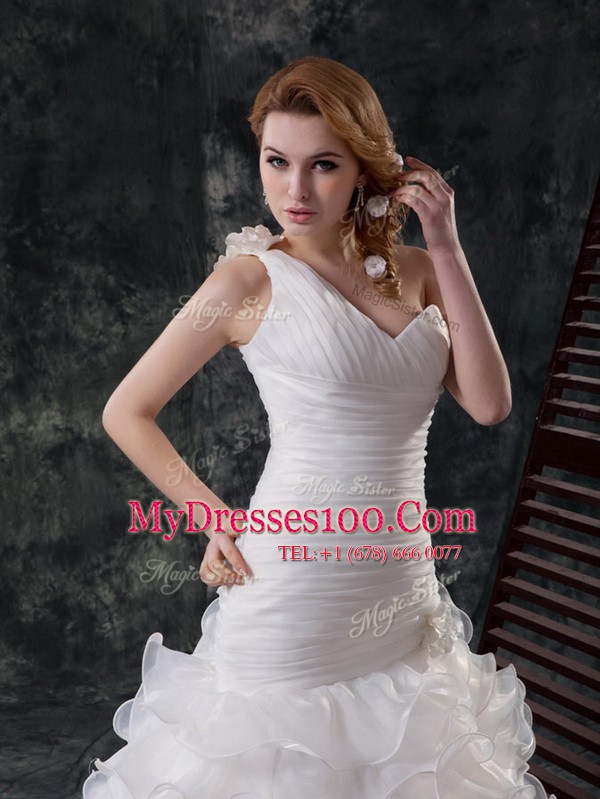 Beautiful Ruffled Brush Train Mermaid Wedding Gown White One Shoulder Organza Sleeveless With Train Lace Up