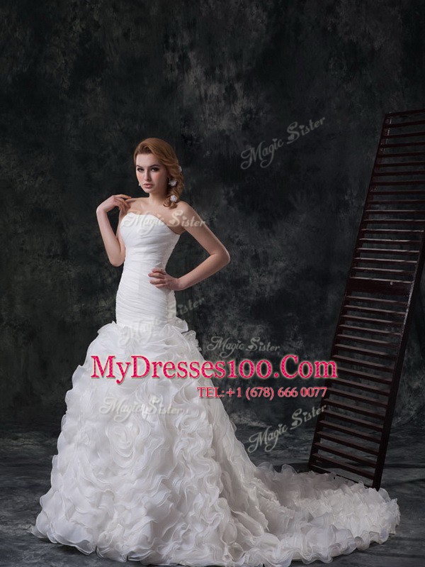 Fabric with Rolling Flowers Sleeveless Brush Train Ruffles and Ruching Lace Up Wedding Gowns