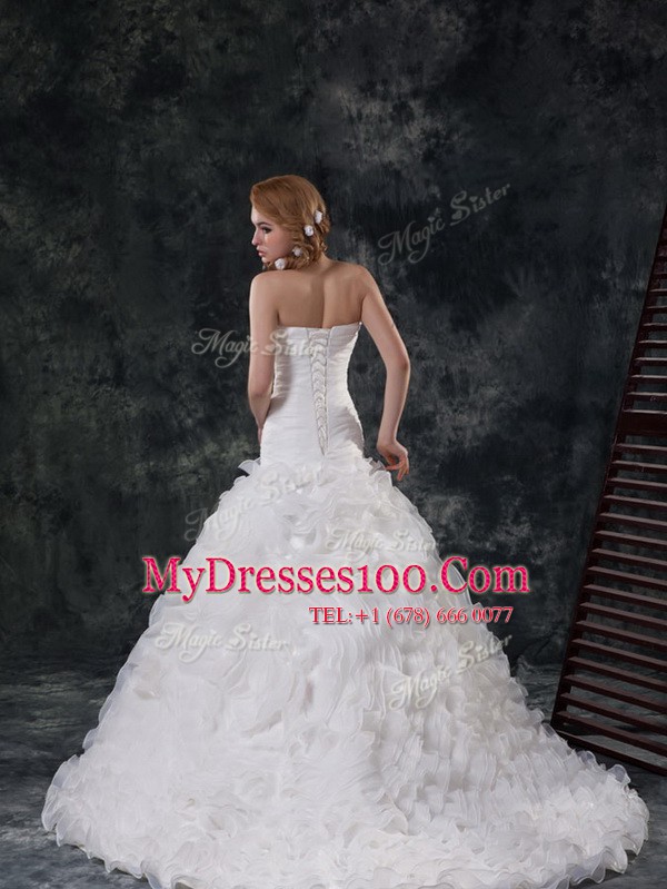 Fabric with Rolling Flowers Sleeveless Brush Train Ruffles and Ruching Lace Up Wedding Gowns