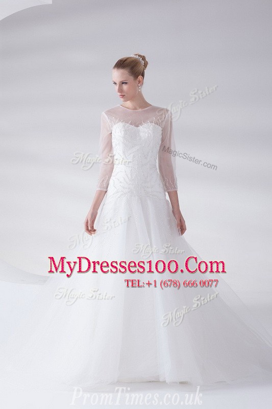 Luxury White Zipper Scoop Appliques Wedding Gown Tulle 3 4 Length Sleeve Brush Train