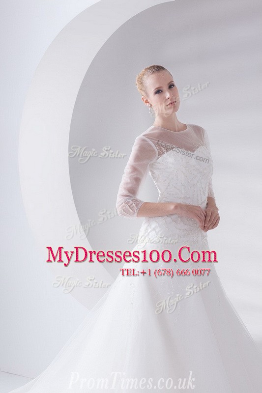 Luxury White Zipper Scoop Appliques Wedding Gown Tulle 3 4 Length Sleeve Brush Train