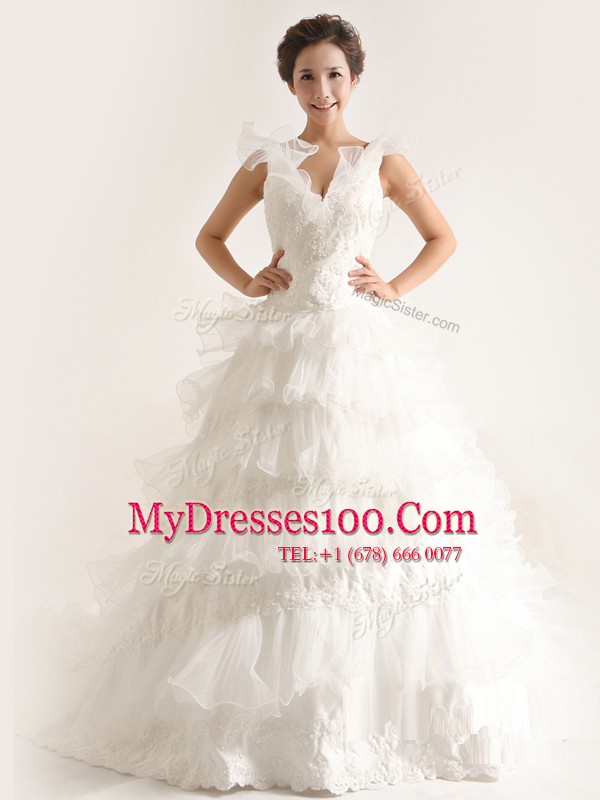 Fitting Sleeveless Chiffon With Brush Train Zipper Wedding Dresses in White with Ruffled Layers